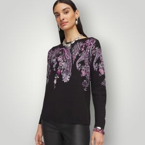 Chico's Size 3 XL Black Paisley Pullover Sweater Boho Floral Long Sleeve New